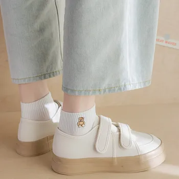 Модни нови дамски къси чорапи от памук Kawai със сърца, дишащи летни бели чорапи за момичета с хубав модел, комплект от 5 чифта