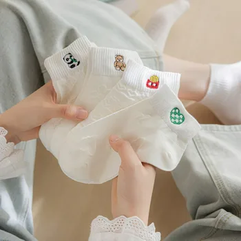 Модни нови дамски къси чорапи от памук Kawai със сърца, дишащи летни бели чорапи за момичета с хубав модел, комплект от 5 чифта