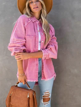 2023, сладка розова свободна риза за момичета, сако, дамски ежедневни дънкови ризи на меки копчета, женски шик якета са с джобове