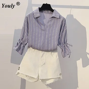 Дамска лятна блуза райе с V-образно деколте и къс ръкав, ежедневни свободни широки плочи, офис дамски ризи-туники, копчета