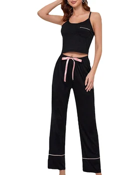 Жена комплект за почивка от 2 теми, пижамный комплект, черни върхове на бретелях без ръкави, панталони с завязками, комплекти пижам