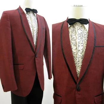Изработена по поръчка мъжки костюм, сако вино-червено + черно яката и краищата на джобовете + черни панталони, ушити по поръчка, модни смокинги