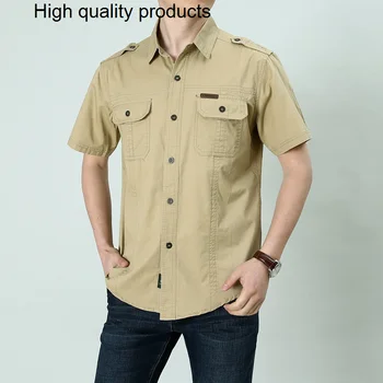 Модерен ризи с къс ръкав във военната стил, мъжки ежедневни свободни широки памучни ризи, градинска дрехи с джобове