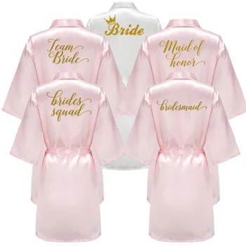 Сватбената парти, халат шаферките със златен писмо, женски розов сатен, халат за баня, кимоно