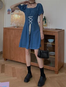ХУЧЖОУ Дънкови реколта мини рокли за жени 2023 Лятото на френското елегантна женствена рокля с квадратна яка и пищните ръкави
