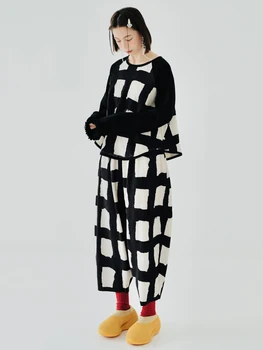 IMAKOKONI, оригинален дизайн, черен пуловер в клетка с дълги ръкави, за боядисана ежедневни свободна тениска, дамски 223892