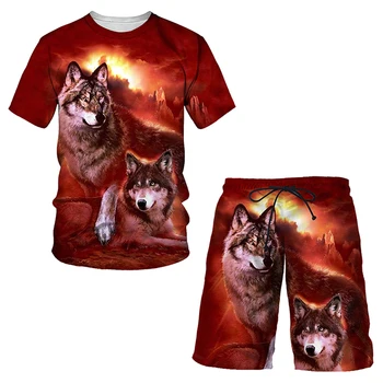Костюм-риза с 3D принтом Wolf, Летни Мъжки тениски и къси панталони с кръгло деколте и къси ръкави, Комплект от 2 теми, Ежедневни, Спортно Облекло, Спортни дрехи, тази Тенденция Облекло