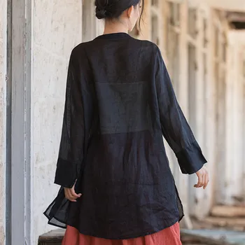 Обикновена риза с защита от слънцето Ramie, дамски летни нови леки фини върхове в китайски стил с нередовни подолом и дълъг ръкав