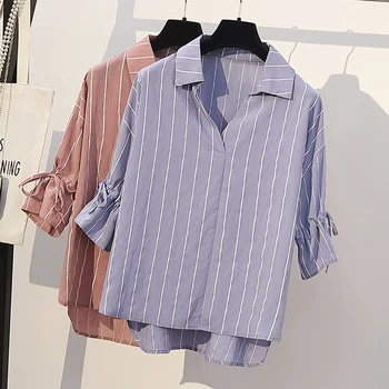 Дамска лятна блуза райе с V-образно деколте и къс ръкав, ежедневни свободни широки плочи, офис дамски ризи-туники, копчета