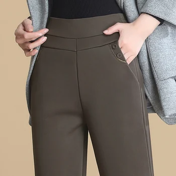 Дамски панталони големи размери на средна възраст, есенно-зимни свободни панталони плюс кадифени панталони с прав штанинами, външна дрехи, топли панталони 5XL