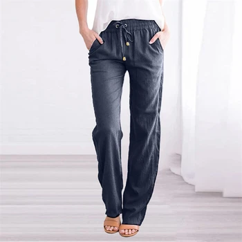 Дамски панталони от памук и лен, свободни широки панталони с завязками, дамски висока талия, обикновен джоб за дами с дълги панталони