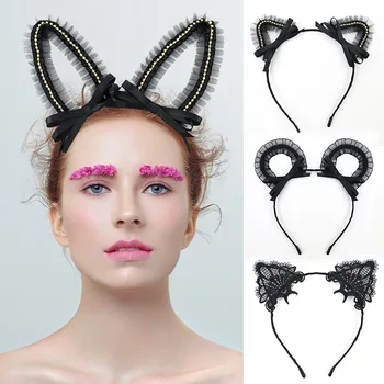 Котешки уши Лейси превръзка на главата с пера за момичета и жени, 12 стилове, черна лък с перли, превръзка за cosplay, панделки за коса, декори за сцени, декори за фотосесия