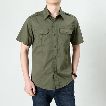 Модерен ризи с къс ръкав във военната стил, мъжки ежедневни свободни широки памучни ризи, градинска дрехи с джобове
