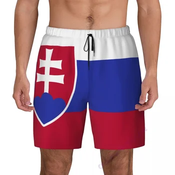 Мъжки бански с 3D-изображение на знамето на Словакия с компрессионной подплата 2 в 1, бързо съхнещи летни шорти за плуване с джобове