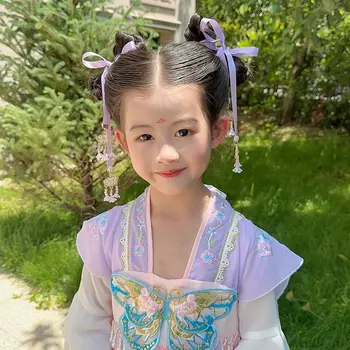Прическа, текстилен лък, вратовръзка за коса, шапки китайски стил, детски шапки Hanfu, шнола за коса в древен стил, плетени въжета за коса