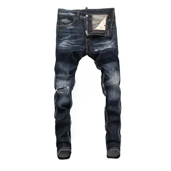 Уличната мода, мъжки дънки, ретро тъмно синьо разтеглив плътно прилепнали скъсани дънки, мъжки бродерия, дизайнерски дънкови панталони в стил хип-хоп, маркови панталони Hombre