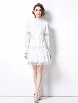 Една модерна женствена рокля за подиум, пролет-есен, яка-часова, ръкав-фенер, отворено дантелено мозайка бяло ежедневното мини рокля S3978