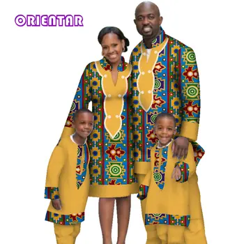 Ежедневно един и същ дрехи за семейството, мъжки комплекти с топ и панталони с дълги ръкави за бащата, майката и сина, женствена рокля, дрехи с африканските принтом WYQ117