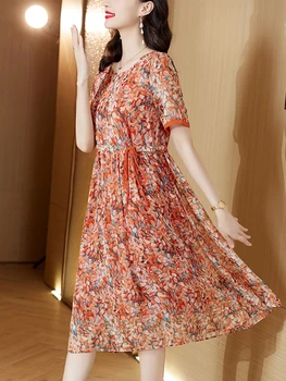 Жена Midi елегантна коприна плажна рокля за бала 2023, нови летни туники, ежедневното корейското модно винтажное вечерна рокля с кръгло деколте в стил бохо, цвете рокля в корейски стил