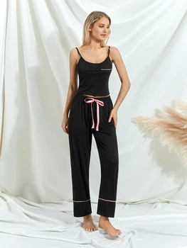 Жена комплект за почивка от 2 теми, пижамный комплект, черни върхове на бретелях без ръкави, панталони с завязками, комплекти пижам