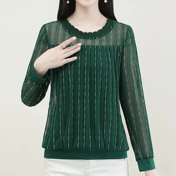 Модни Универсална Однотонная Ярката коприна дамски тениска 2023, Пролетен Дамски Дрехи с дълъг ръкав, Газови Върхове с кръгло деколте