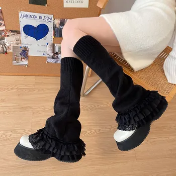 Панковские Тъмно-Черни Гамаши, Дантелени Чорапи Над Коляното, Зимни Топли плетени калъф Калъфи за крака Y2k, Копчета за обувки в стил Харадзюку, Японски Чорап Jk Lolita