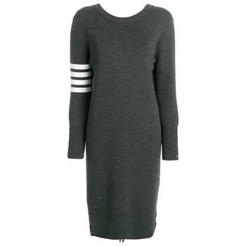 TB Пролетно-есенен пуловер 2022, нов дамски жилетка миди с V-образно деколте и четири ивици, вязаное рокля midi преди и след