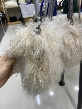 Дамска чанта от естествен монголски овче кожа, космати чанта, ежедневни топло чанта за ръце, чантата през рамо, чанта през рамо