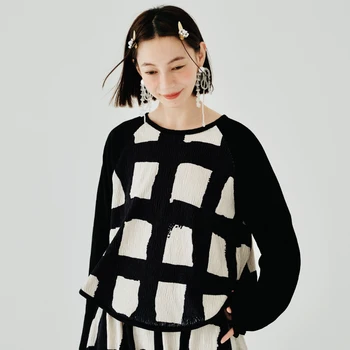 IMAKOKONI, оригинален дизайн, черен пуловер в клетка с дълги ръкави, за боядисана ежедневни свободна тениска, дамски 223892