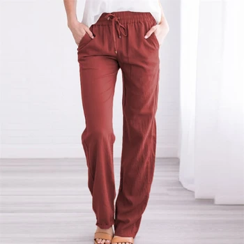 Дамски панталони от памук и лен, свободни широки панталони с завязками, дамски висока талия, обикновен джоб за дами с дълги панталони