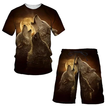 Костюм-риза с 3D принтом Wolf, Летни Мъжки тениски и къси панталони с кръгло деколте и къси ръкави, Комплект от 2 теми, Ежедневни, Спортно Облекло, Спортни дрехи, тази Тенденция Облекло