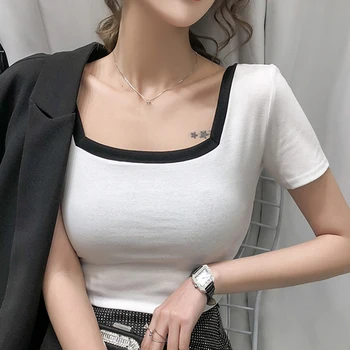 Лятна тениска от памук в корейски стил, тънки еластични бели тениски, дамски блузи, дамски дрехи Camiseta Mujer с къс ръкав