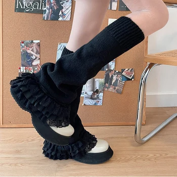 Панковские Тъмно-Черни Гамаши, Дантелени Чорапи Над Коляното, Зимни Топли плетени калъф Калъфи за крака Y2k, Копчета за обувки в стил Харадзюку, Японски Чорап Jk Lolita